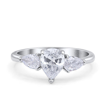 Three Stone Teardrop Pear Art Deco Simulated Cubic Zirconia Engagement Ring 925 Sterling Silver